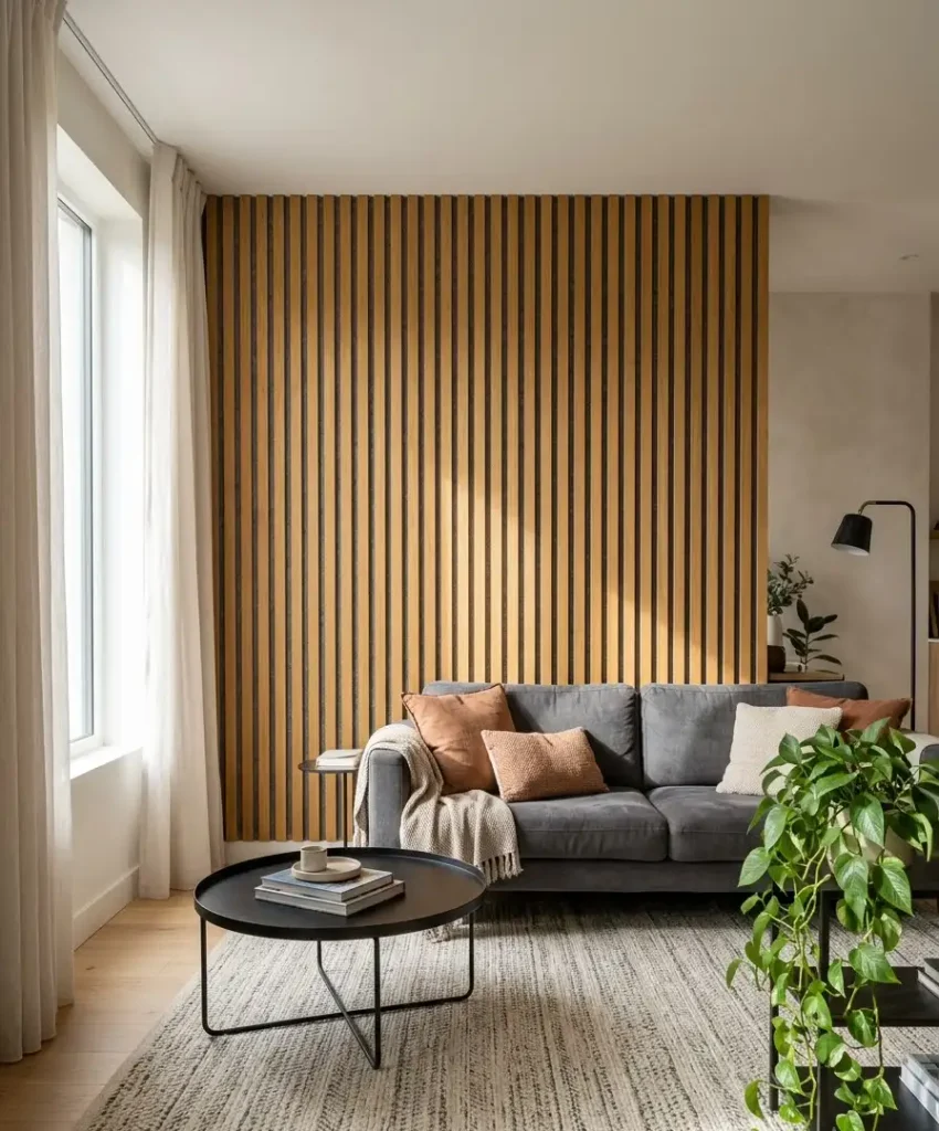 Vertical wood slats over a grey wall