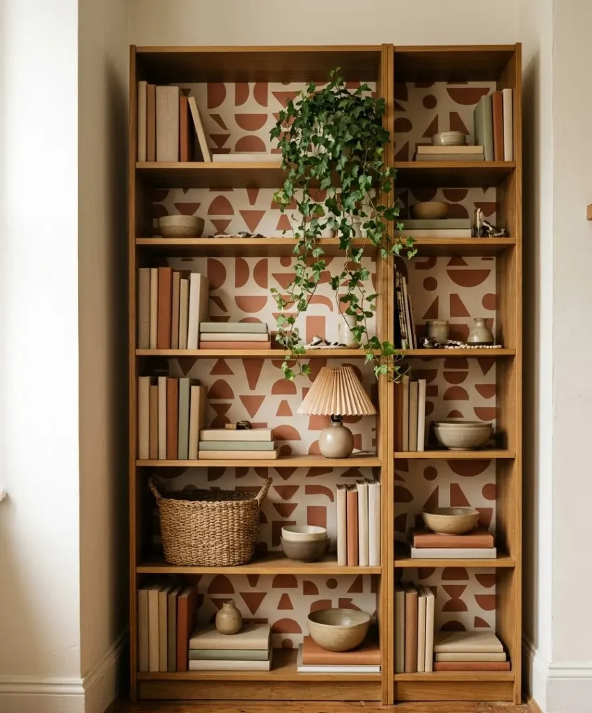 Wallpaper behind open shelving