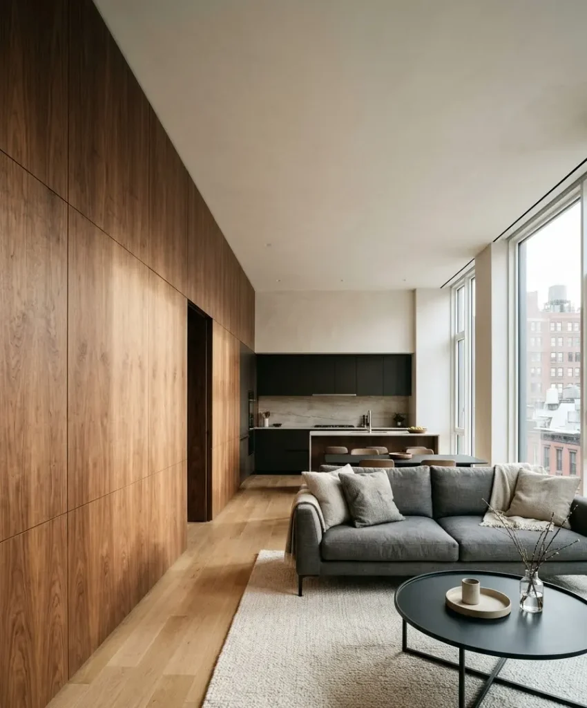 Walnut veneer feature wall