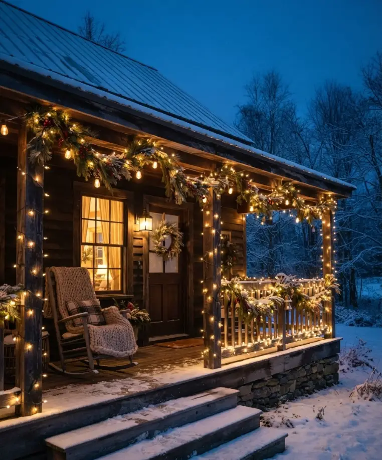Warm string lights along the porch rail