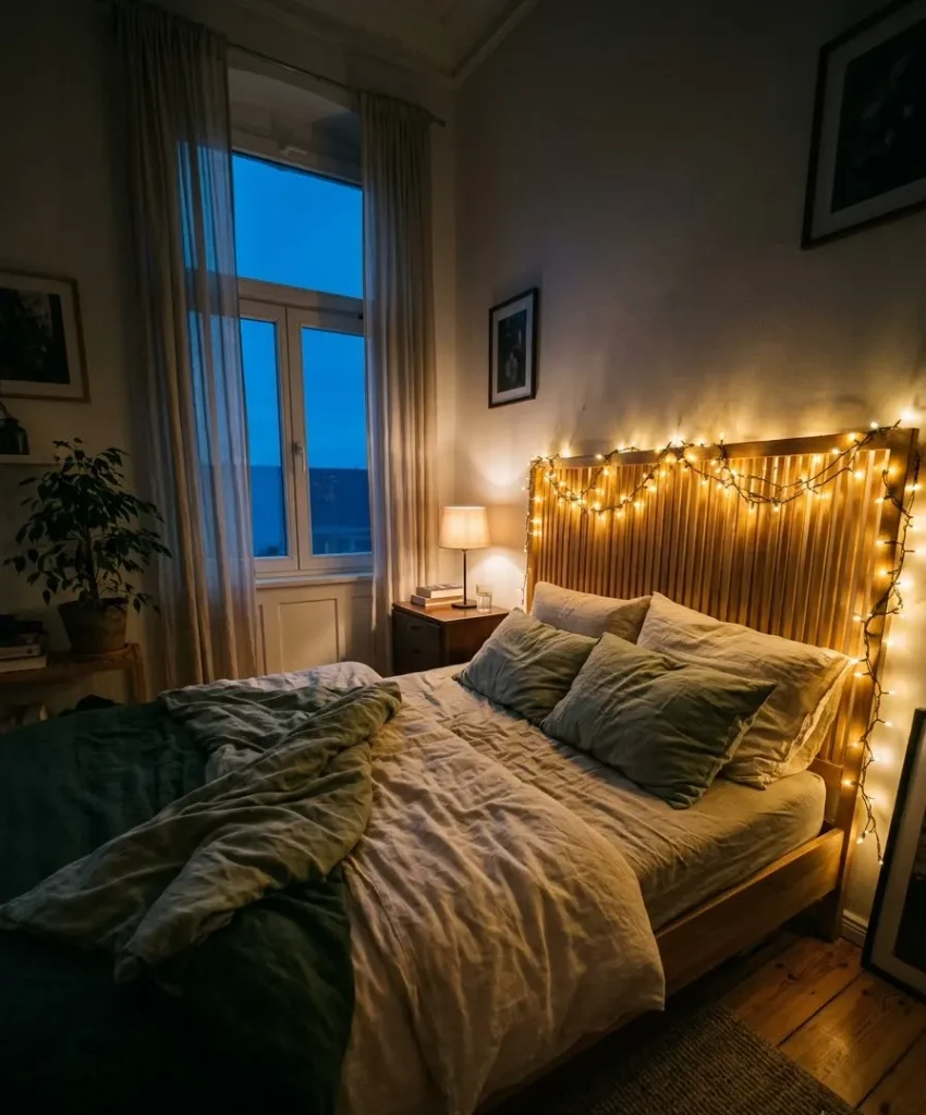 Warm white fairy lights on the headboard