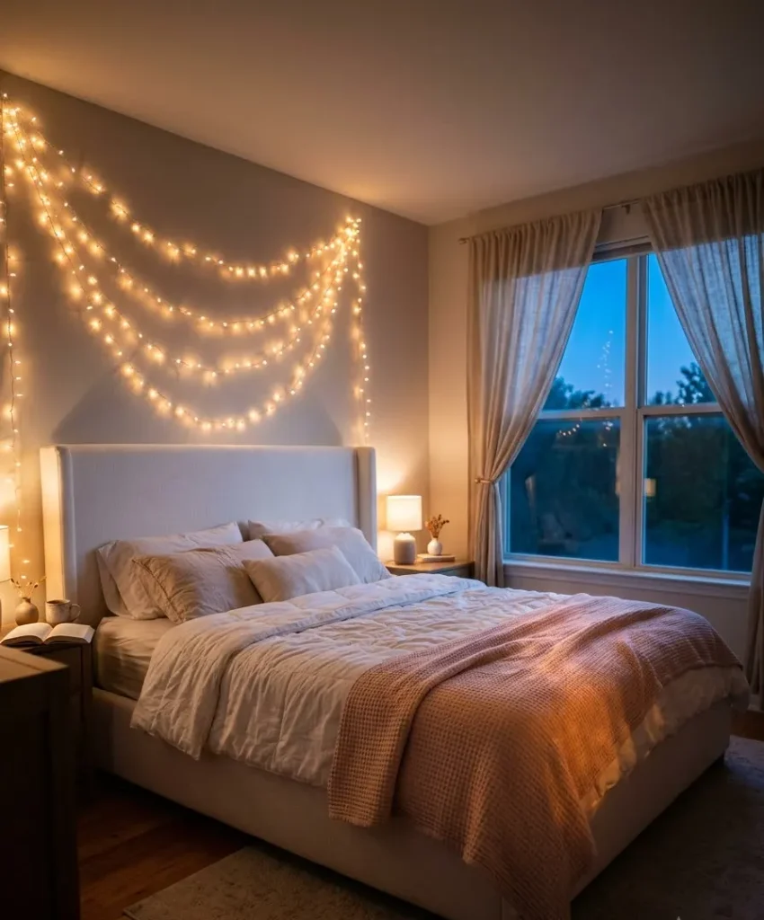Warm white fairy lights over the headboard