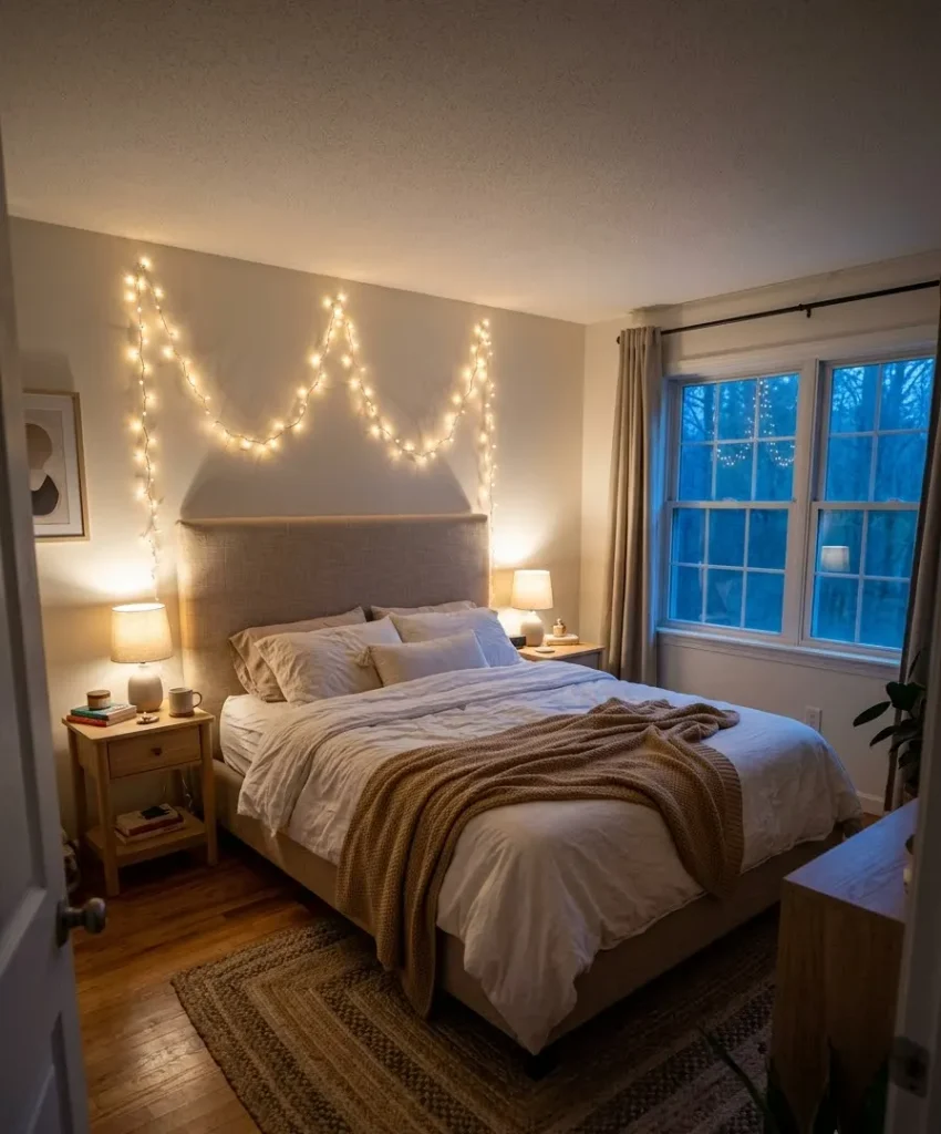 Warm white string lights above