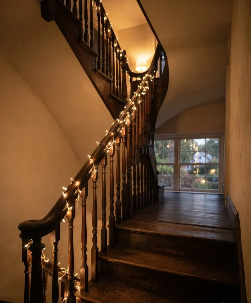Warm white string lights along the rail