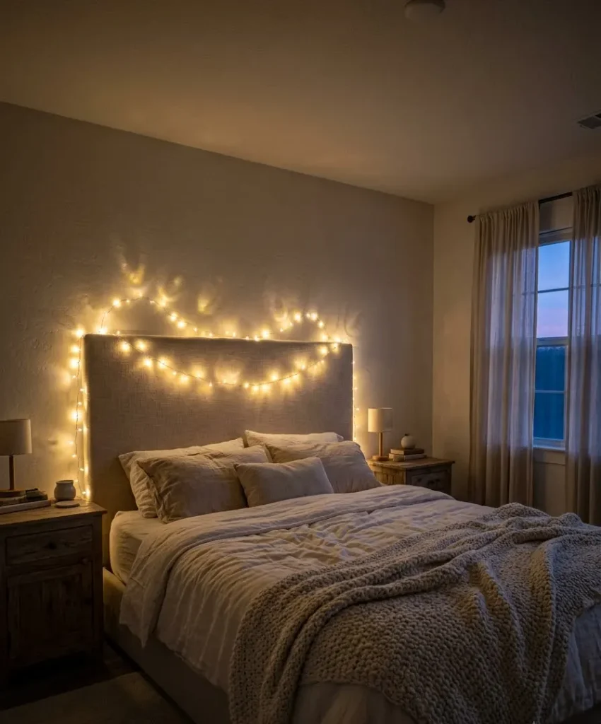Warm white string lights around the headboard