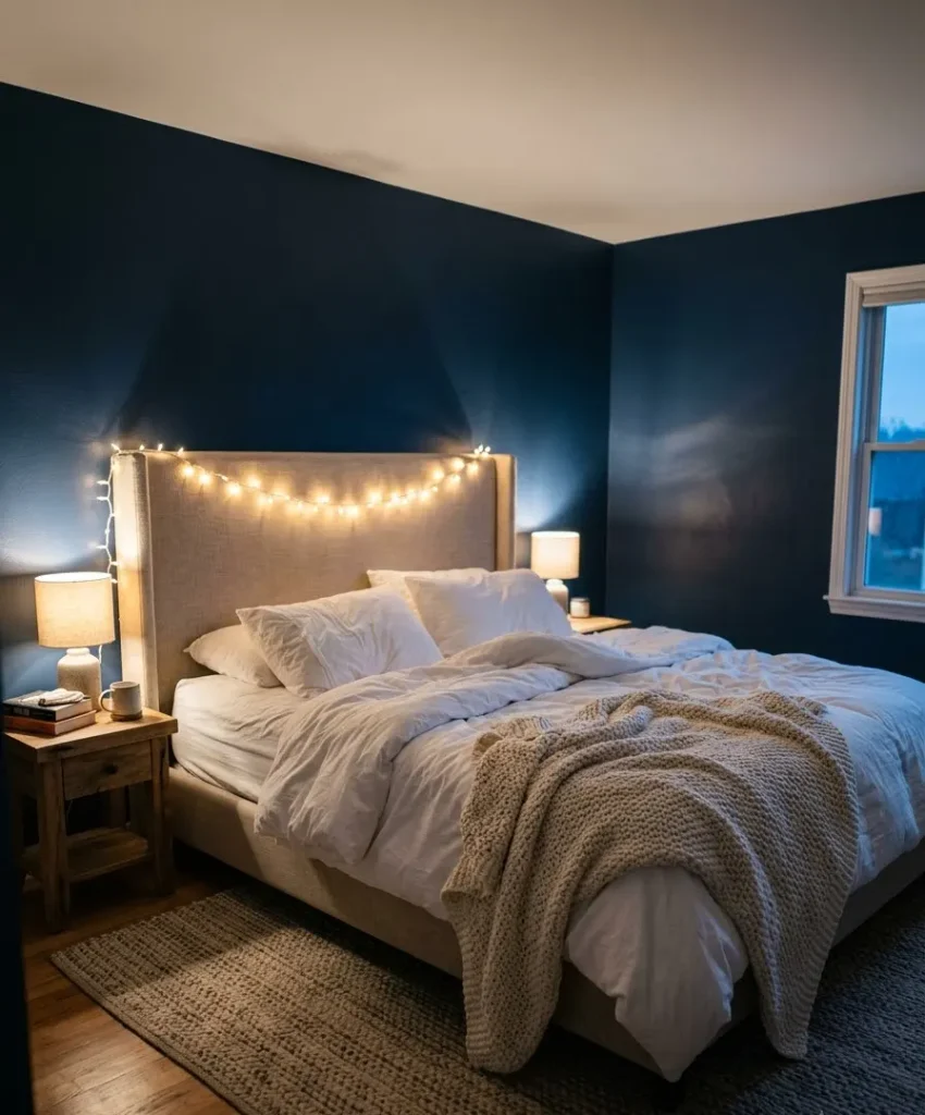 Warm white string lights behind the headboard