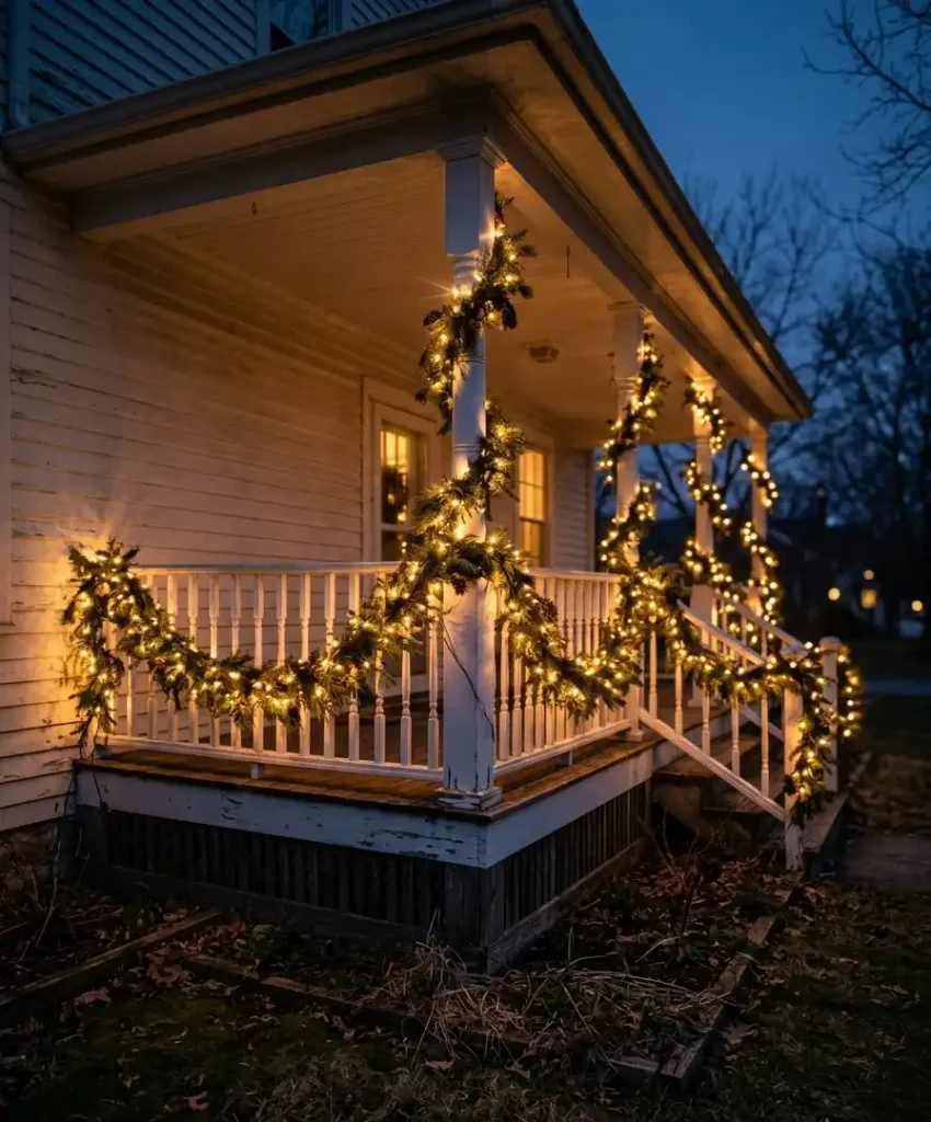 Warm white string lights on the railing