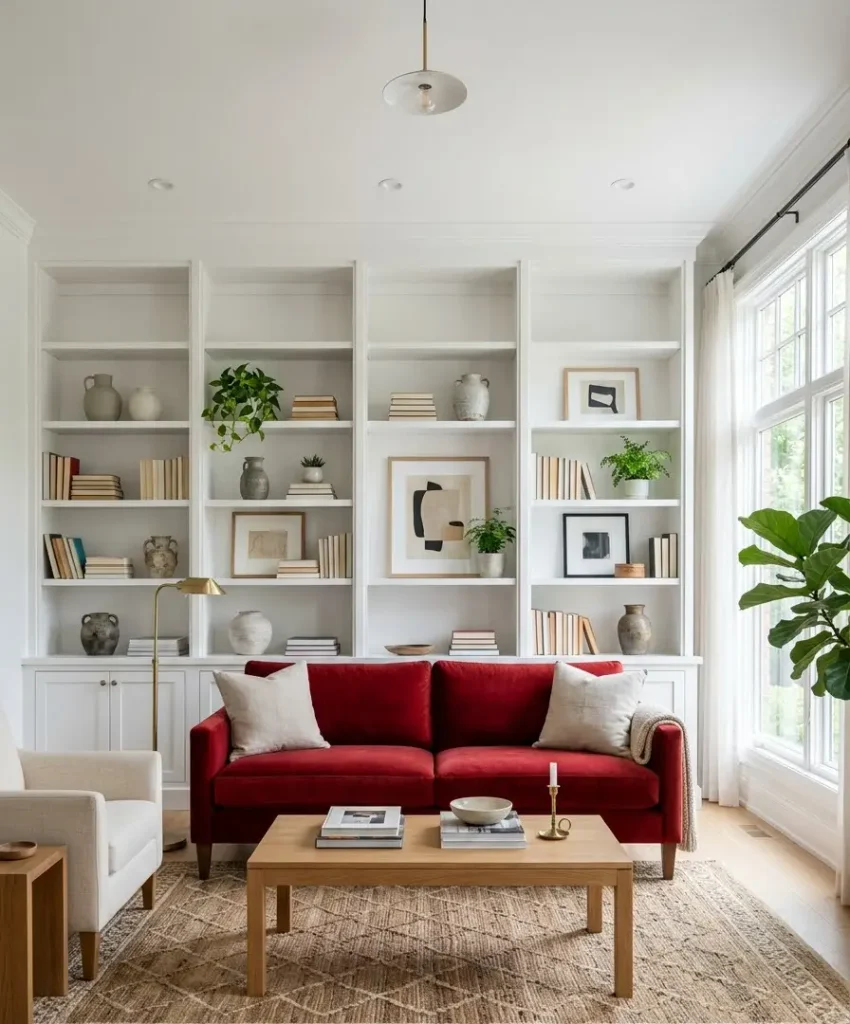 White built-in shelving