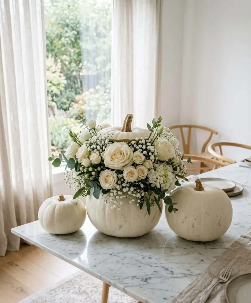 White pumpkins with white roses