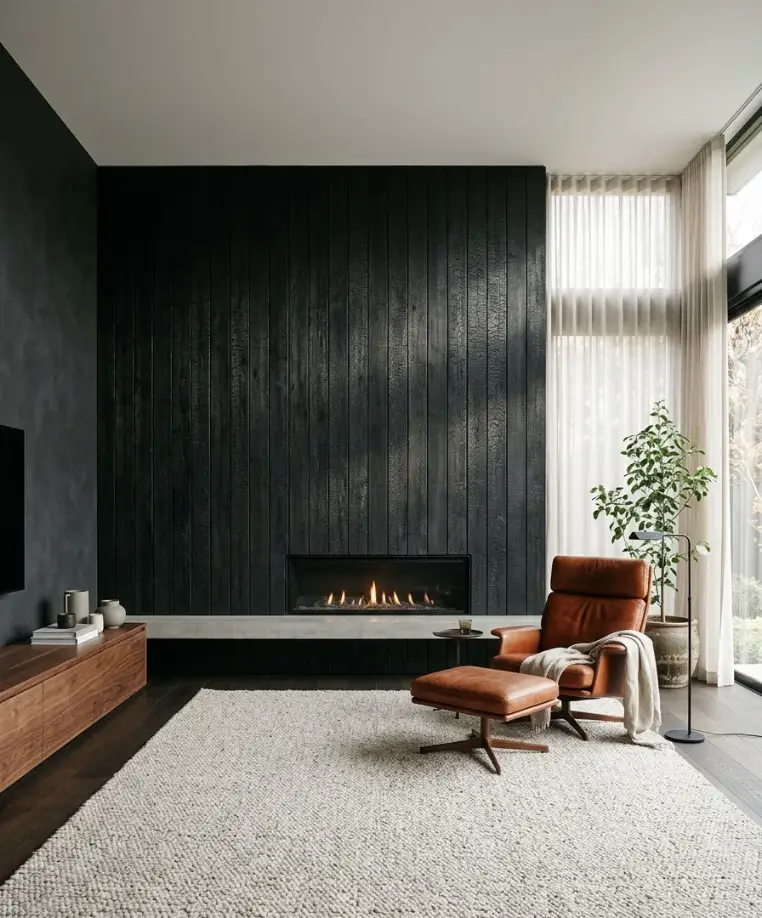 charred barnwood behind the hearth