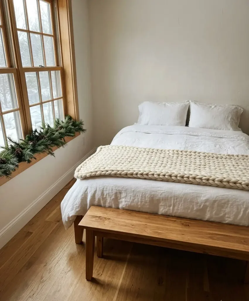  chunky knit throw at the foot of the bed