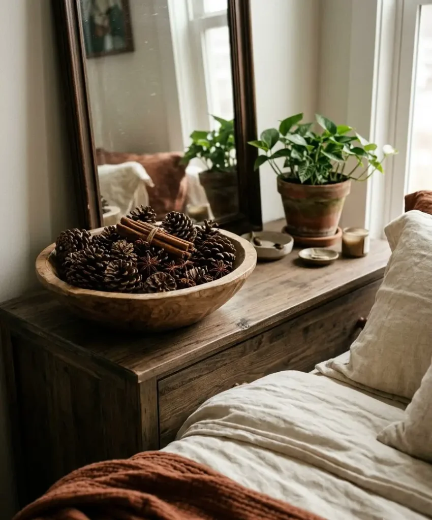 cinnamon stick and pinecone bowl