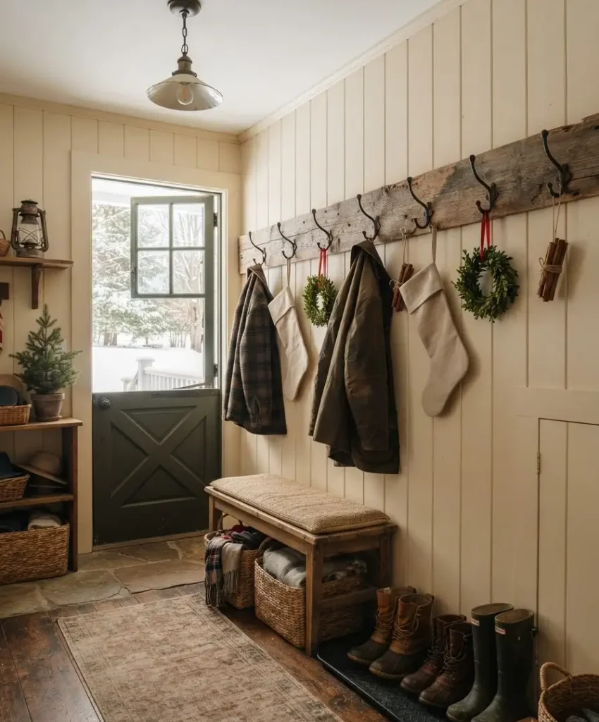 coat rack hung with wreaths