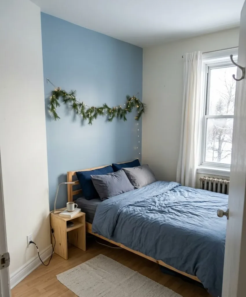command-strip garland over the bed