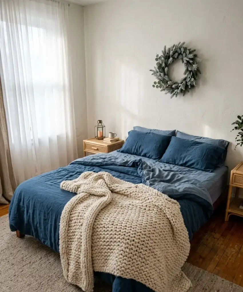 cream knit blanket over blue sheets