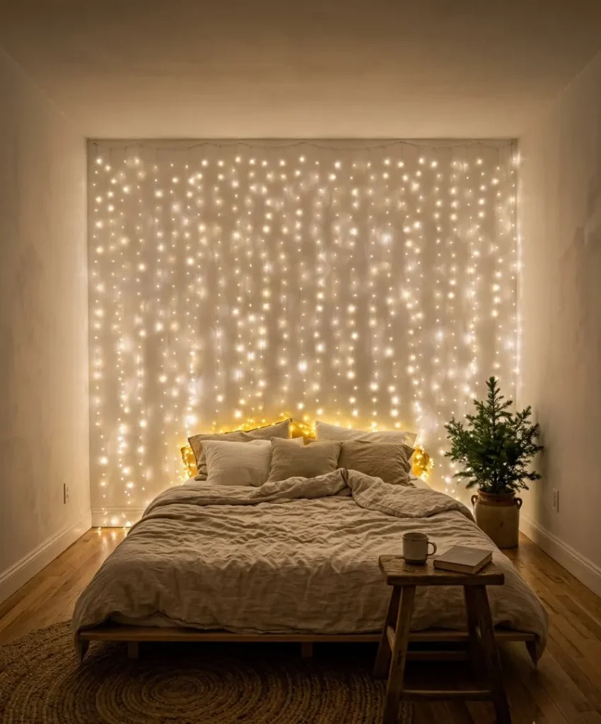 curtain of fairy lights on one wall
