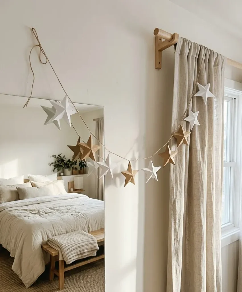 garland of paper stars across the curtain
