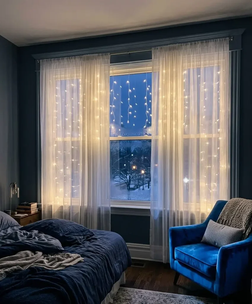 indow lights behind sheer curtains