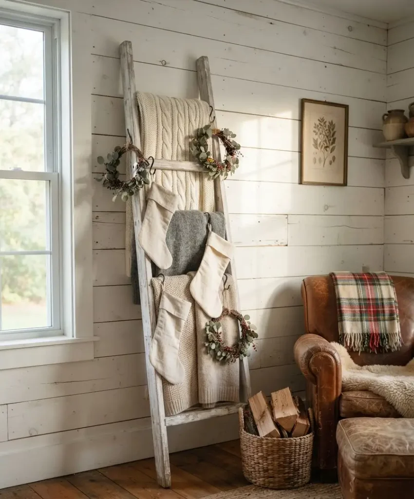 ladder as a blanket and stocking holder
