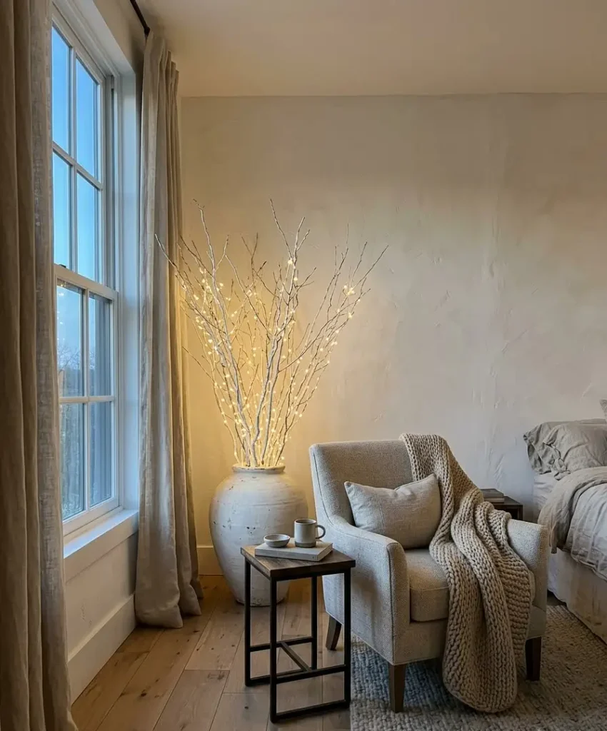  lit branch in a floor vase