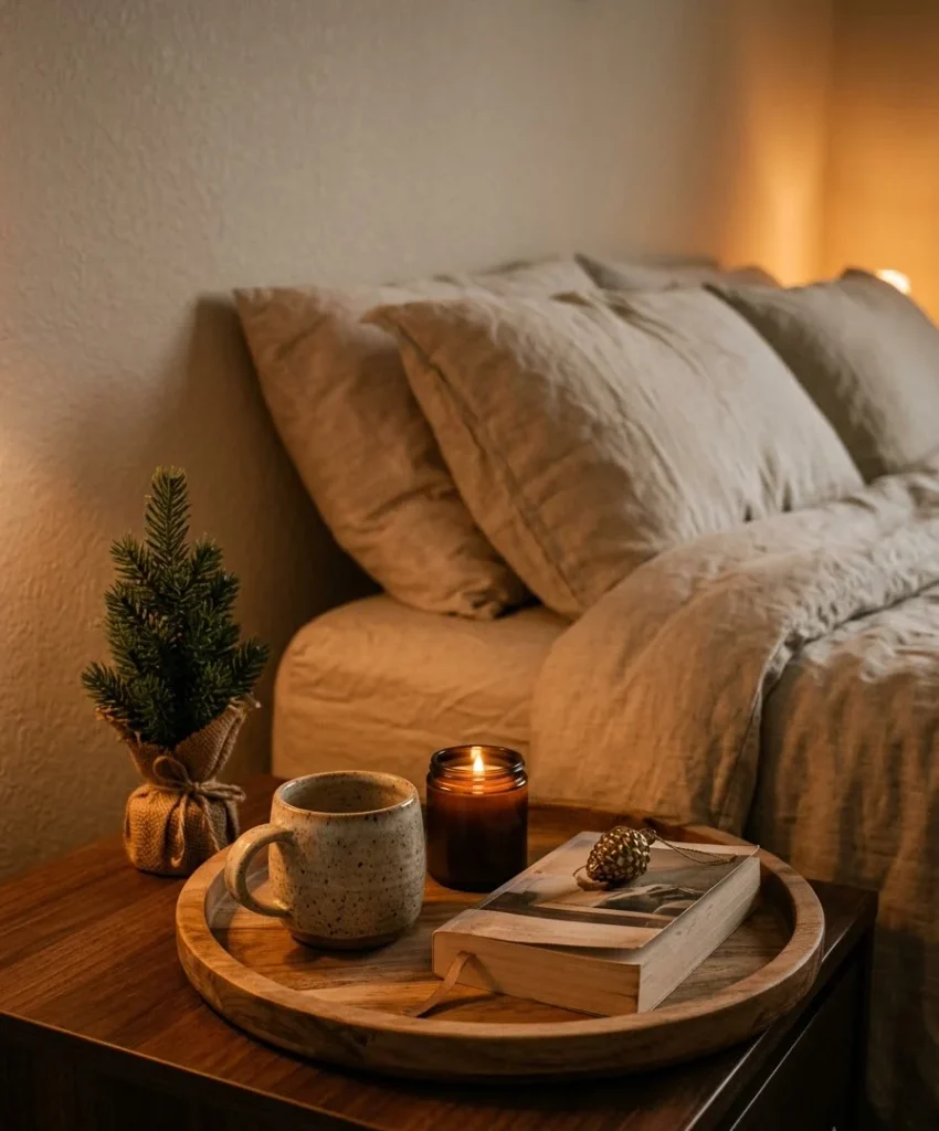 nightstand tray with a seasonal mini scene