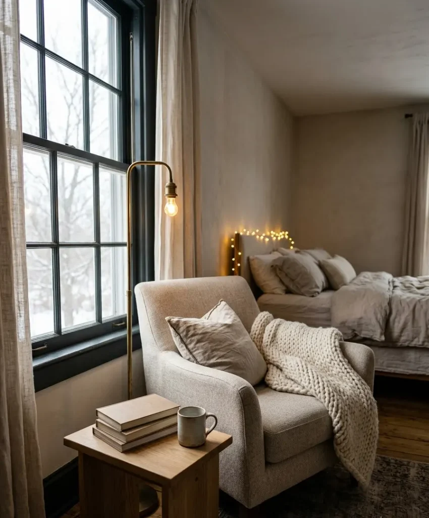 reading nook with a blanket and a book