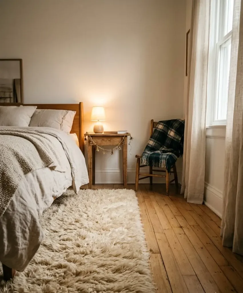  rug in a cozy neutral beside the bed