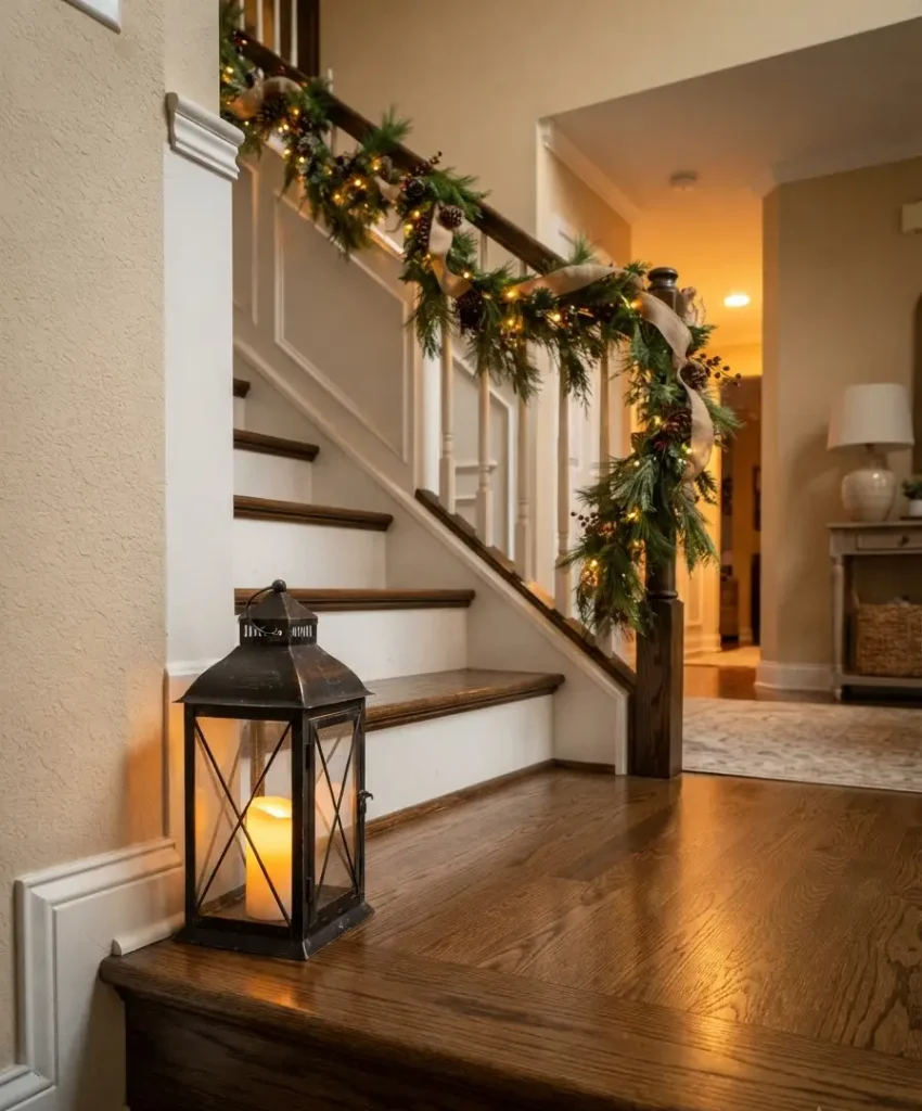 single lantern on the bottom step