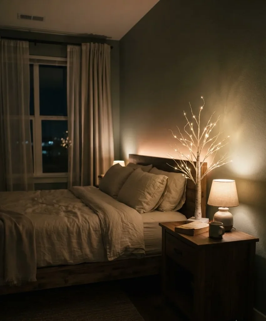 small tabletop tree on the nightstand
