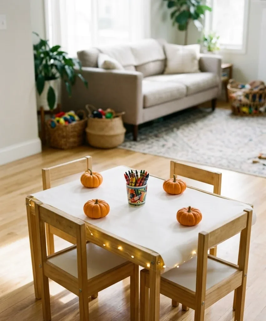 table with craft paper and crayons