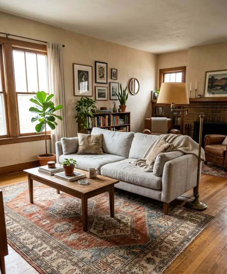 tage rug under a modern sofa
