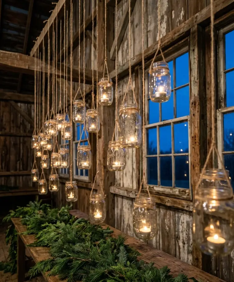 wall of hanging mason jar lights