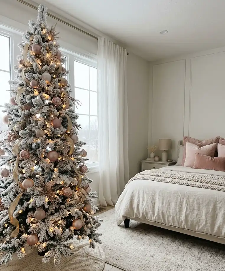 white tree with pink and gold ornaments