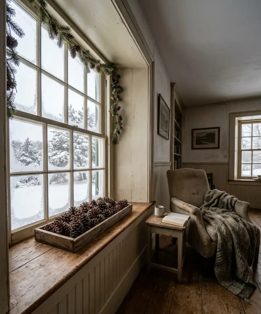 window ledge of pinecones