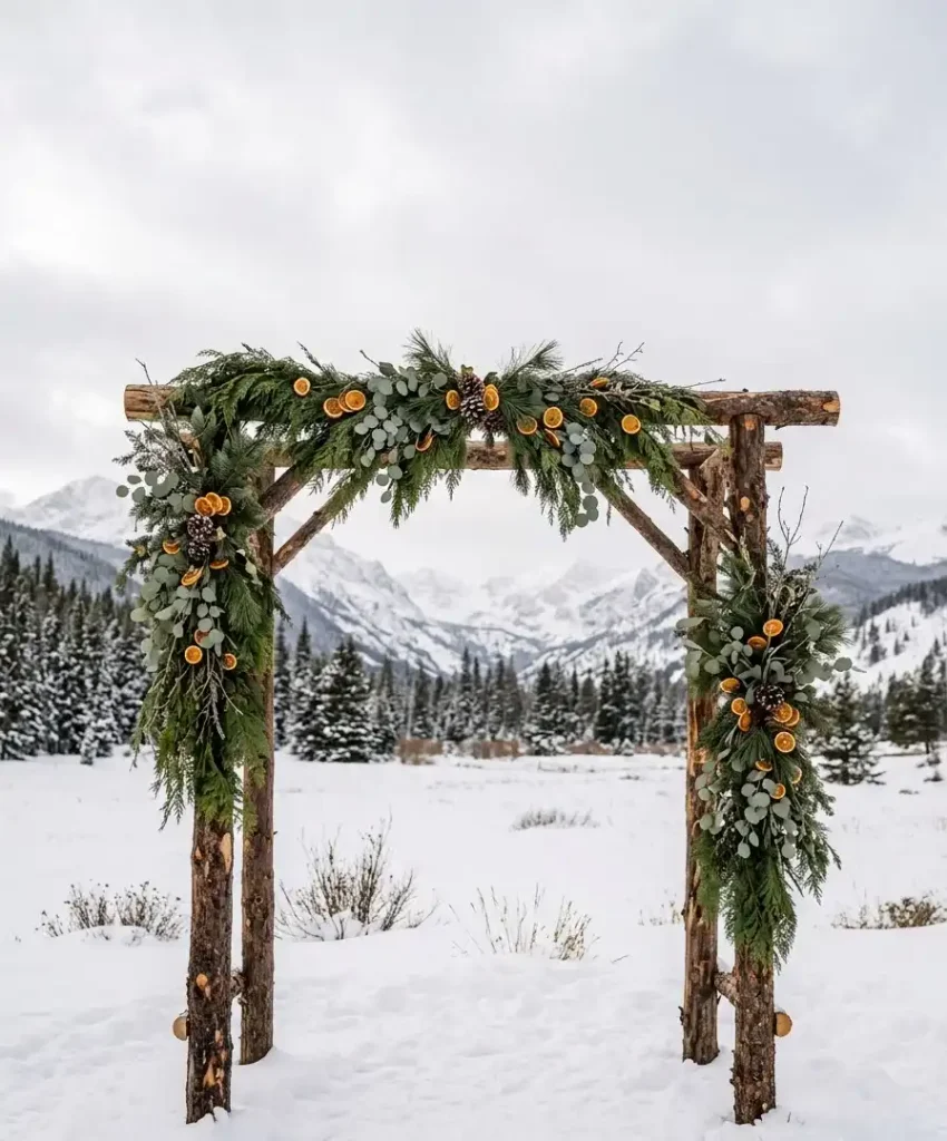 wooden arch wrapped in greenery