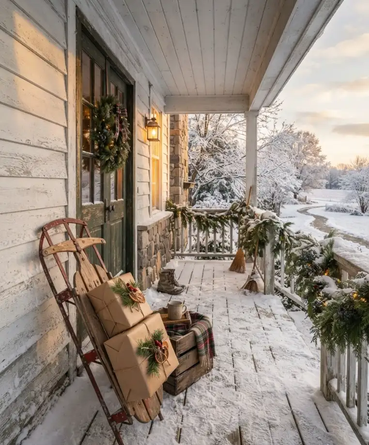 wooden sled with presents