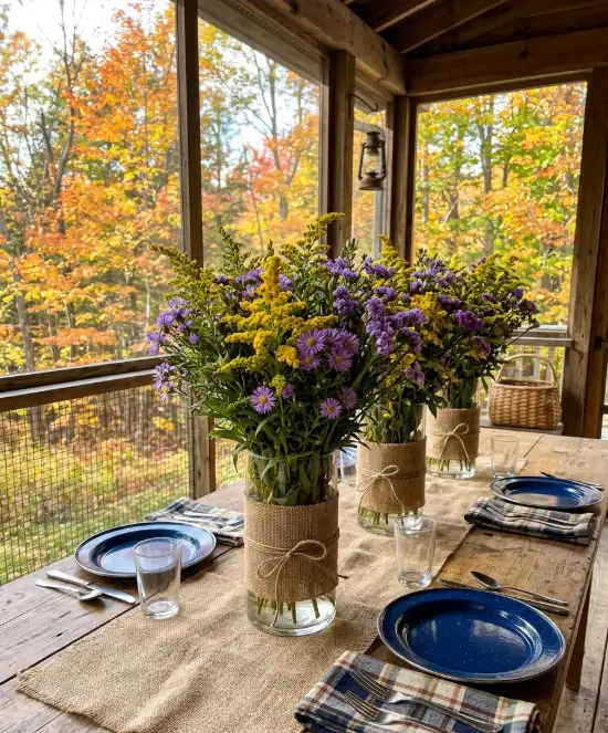 wrapped vases with wildflowers